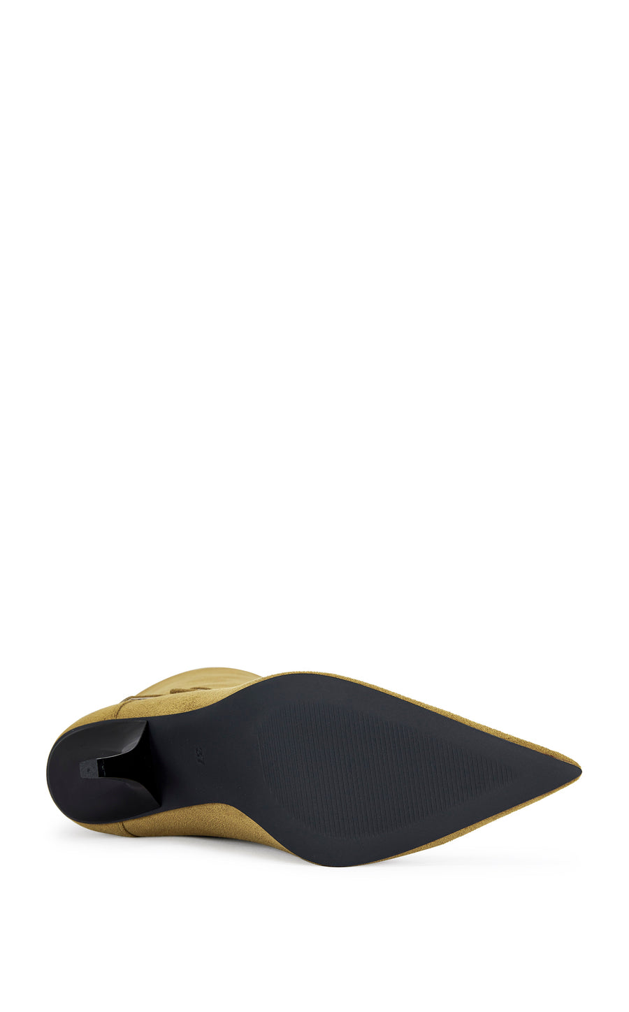 Olive green faux suede ankle bootie with an angled black stiletto heel 