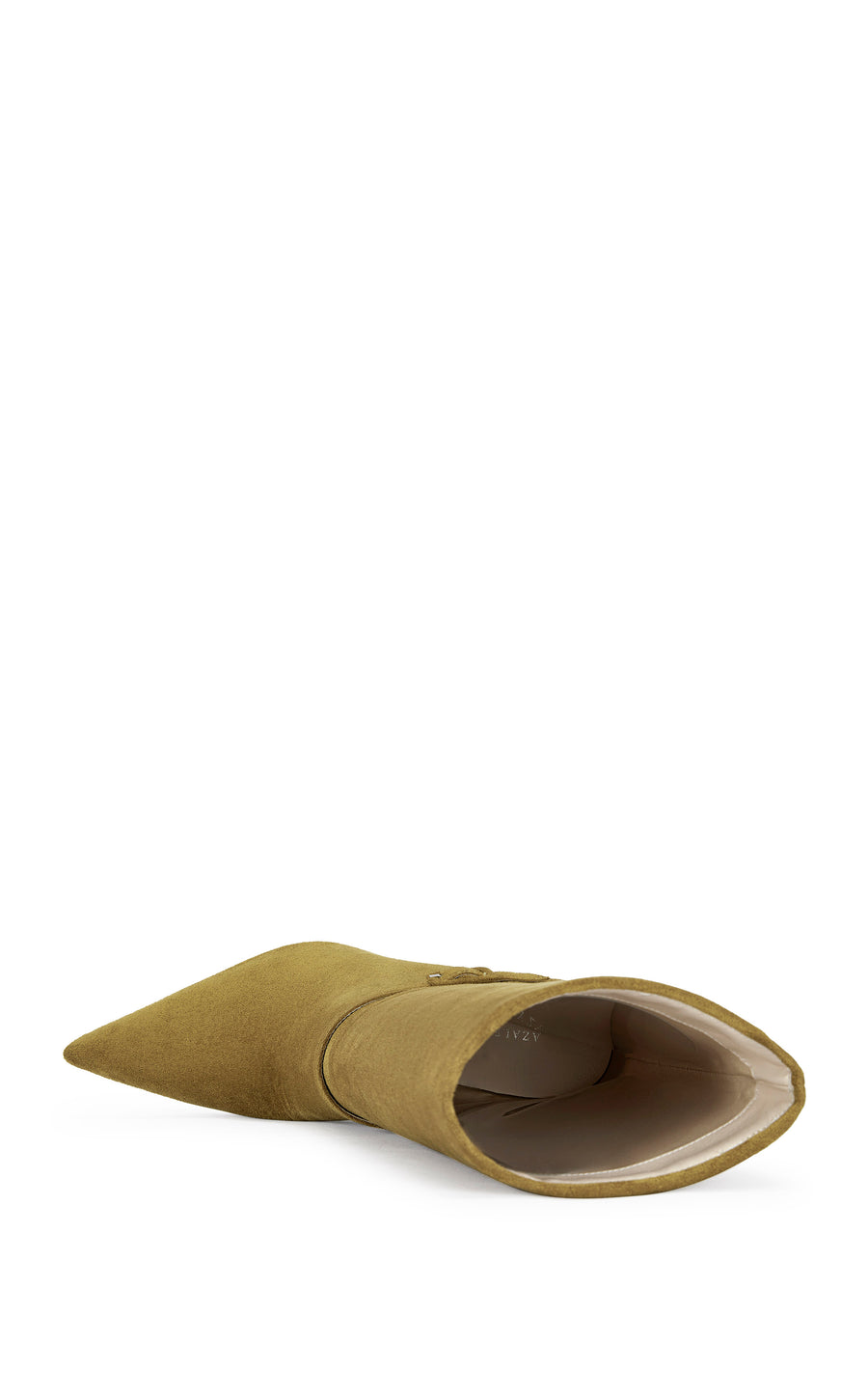 Olive green faux suede ankle bootie with an angled black stiletto heel 