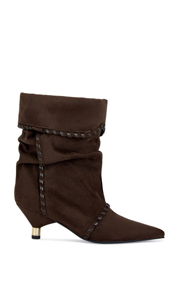 brown faux suede ankle booties with a slouched shaft, faux leather stitching, and a mini stiletto heel
