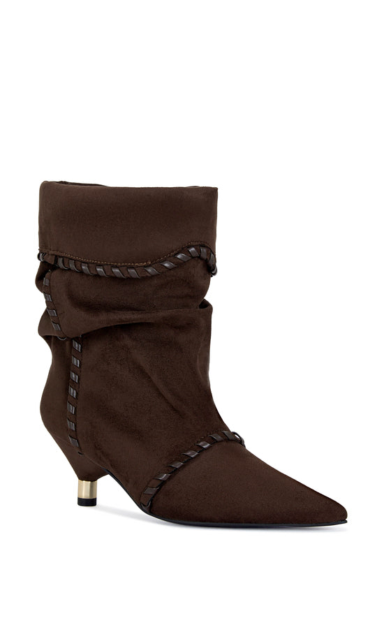 brown faux suede ankle booties with a slouched shaft, faux leather stitching, and a mini stiletto heel
