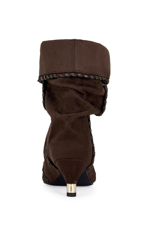 brown faux suede ankle booties with a slouched shaft, faux leather stitching, and a mini stiletto heel