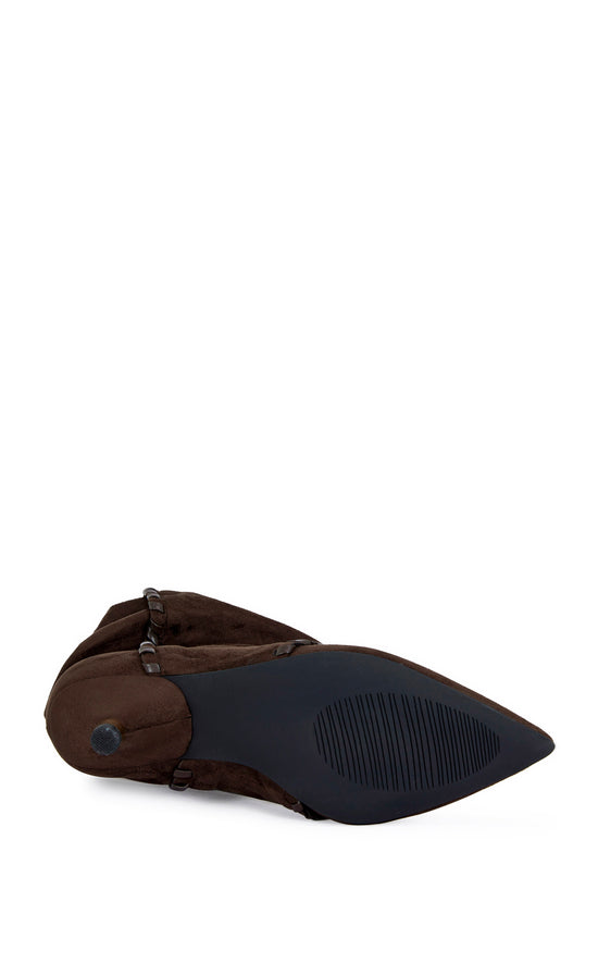 brown faux suede ankle booties with a slouched shaft, faux leather stitching, and a mini stiletto heel