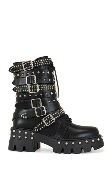 black flatform chunky combat bootie with silver belted accents on the upper and stud embellishments