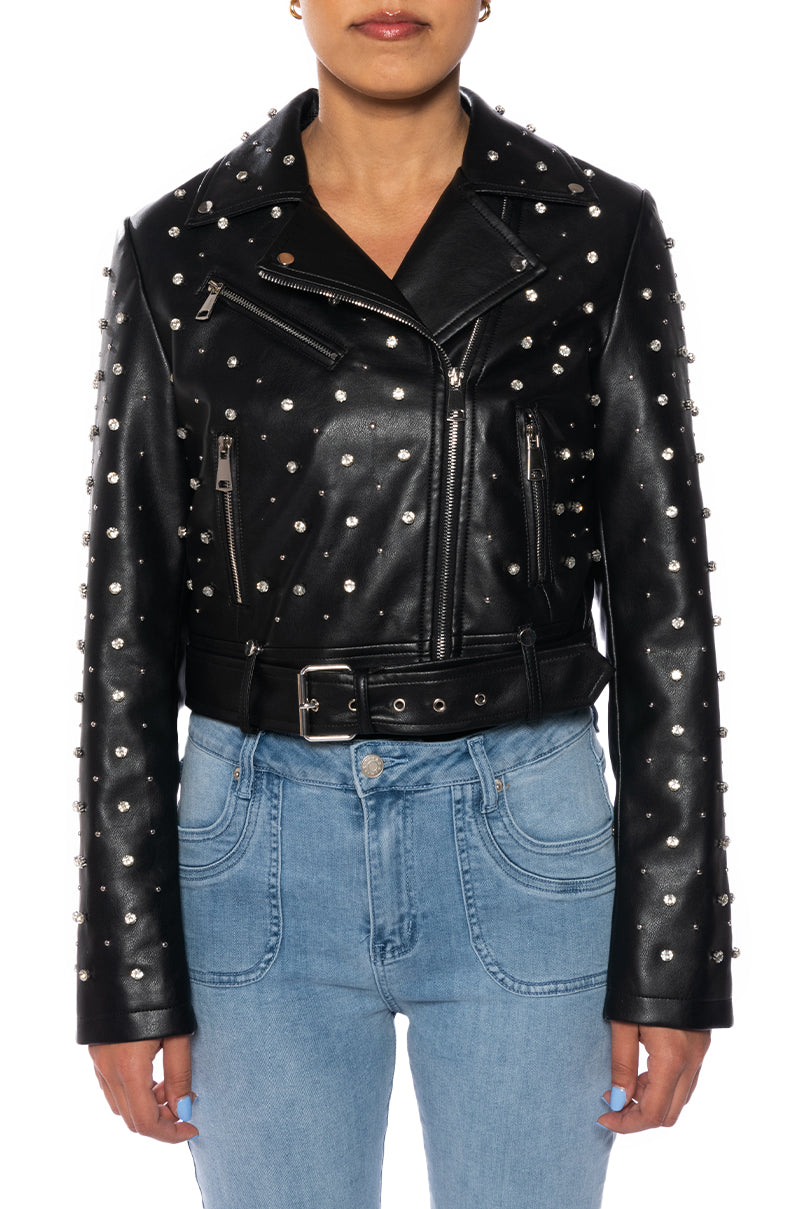 Cropped black faux leather moto jacket with rhinestone detail