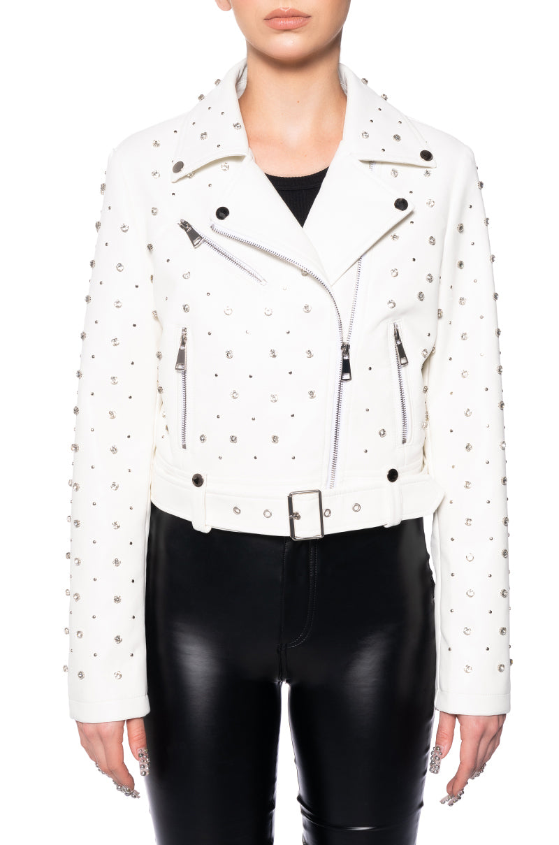 white faux leather statement biker jacket with rhinestone accent details along the front, back, and sleeves