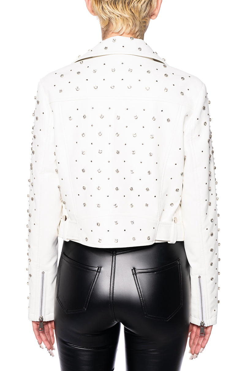 back view of white faux leather statement biker jacket with rhinestone accent details along the front, back, and sleeves