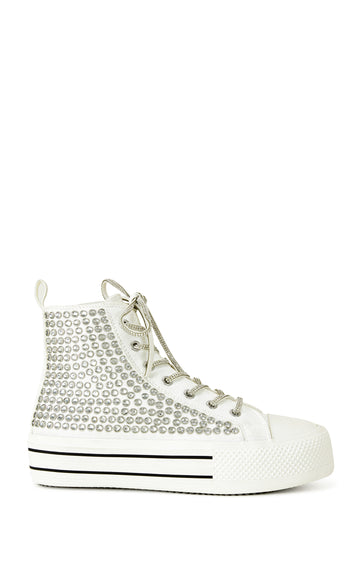 white statement lace up sneakers with rhinestone embellished accents and crystal detailed laces