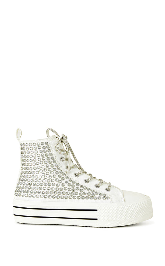 white statement lace up sneakers with rhinestone embellished accents and crystal detailed laces