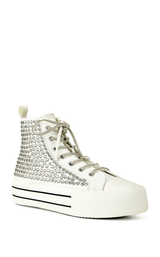white statement lace up sneakers with rhinestone embellished accents and crystal detailed laces
