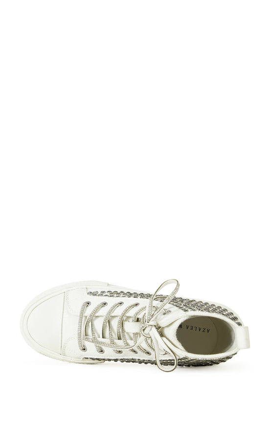 white statement lace up sneakers with rhinestone embellished accents and crystal detailed laces