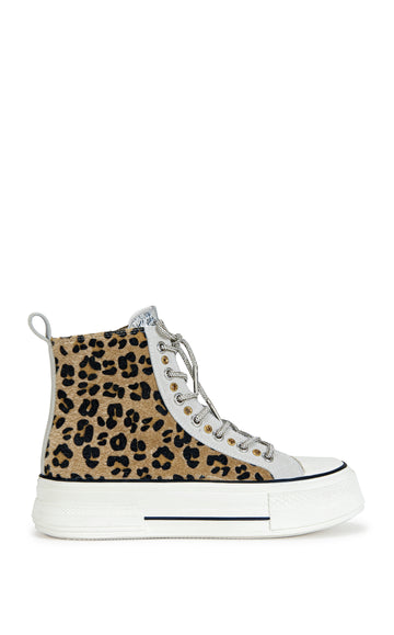 Leopard print statement lace up sneaker with a white sole and sparky laces