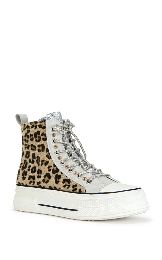 Leopard print statement lace up sneaker with a white sole and sparky laces
