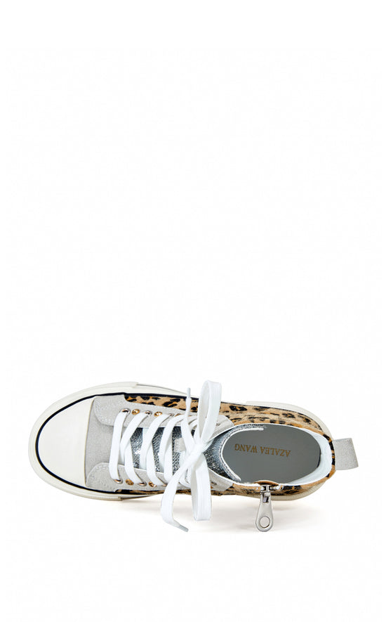 Leopard print statement lace up sneaker with a white sole and sparky laces