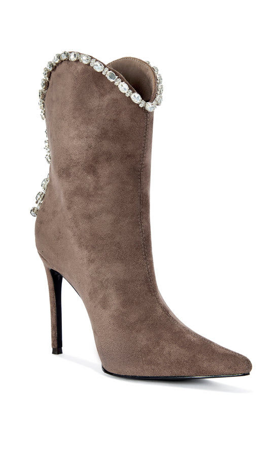 AZUREA-TAUPE EMBELLISHED POINTED TOE STILETTO BOOTIE