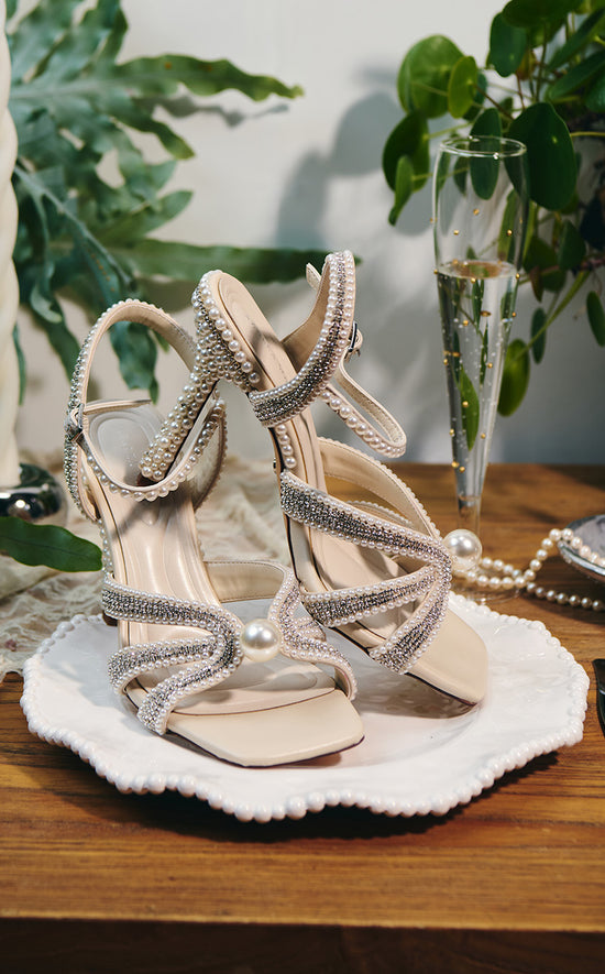 ELARA-IVORY PEARL EMBELLISHED SANDAL HEEL