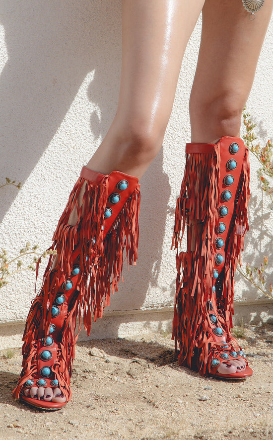 AMADEO-RED FRINGE GLADIATOR SANDAL BOOT