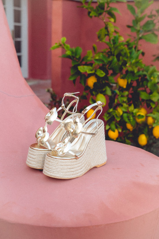 BAROSSA-GOLD FLORAL PLATFORM WEDGE SANDAL