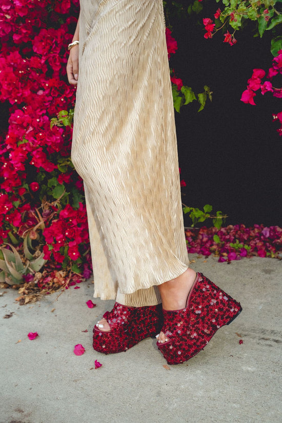 BETSEY-RED PLATFORM SEQUIN WEDGE SANDAL