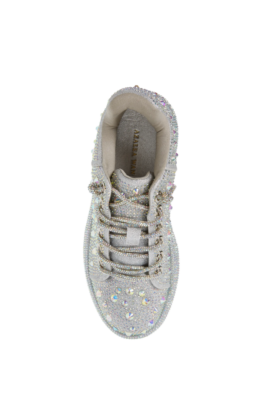 AZURE1-SILVER CRYSTAL LACE UP SNEAKER