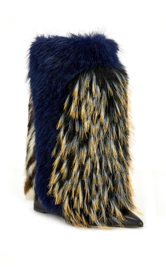 BRIASH-NAVYMULTI FAUX FUR WEDGE BOOTIE