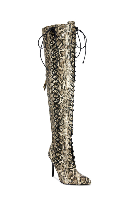 CALYX-SNAKE LACE UP STILETTO BOOT