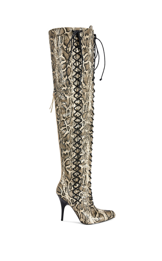 CALYX-SNAKE LACE UP STILETTO BOOT