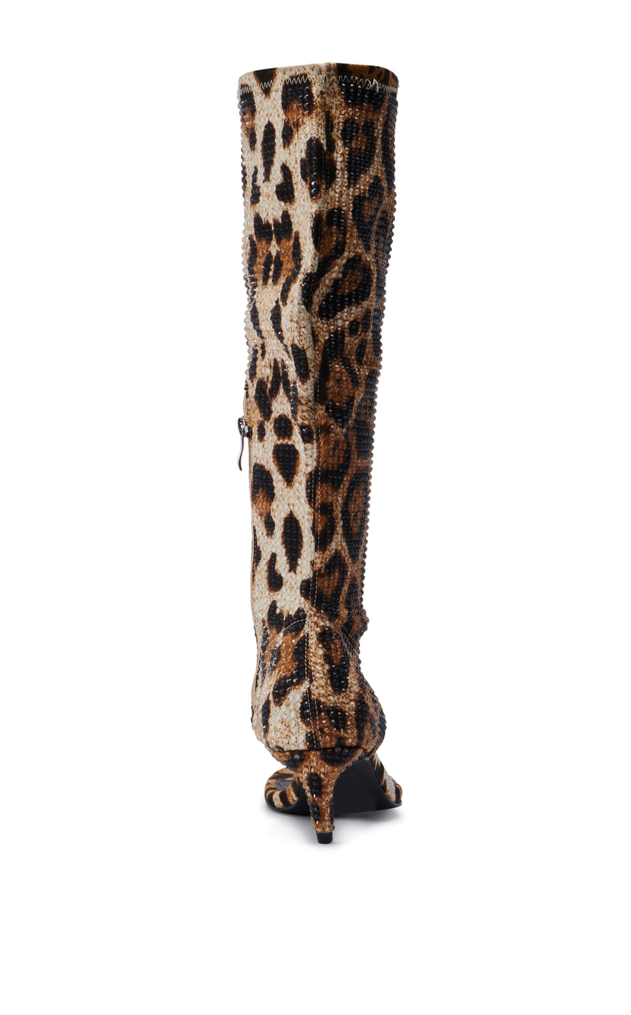 leopard print statement heels with an open toe and a crystal embellished leopard print shaft