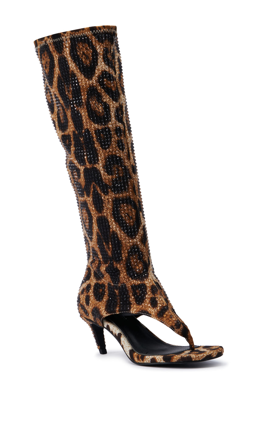 leopard print statement heels with an open toe and a crystal embellished leopard print shaft