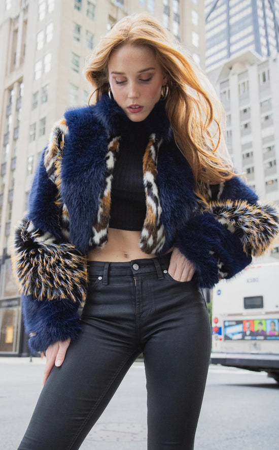 CHIARA-NAVY CROPPED FAUX FUR JACKET