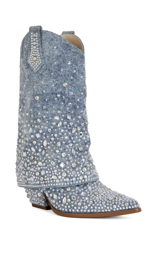 CHRISTOS-DENIM EMBELLISHED WESTERN BOOTIE
