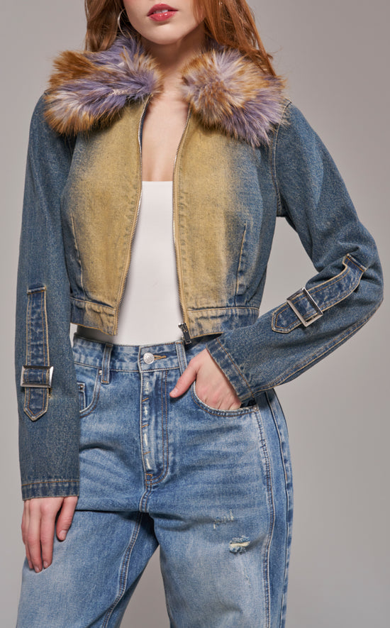 CORALYN-DENIMMULTI CROPPED FUR DENIM JACKET