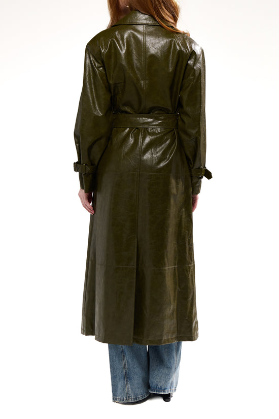 COREN-OLIVE LONG FAUX LEATHER TRENCH COAT