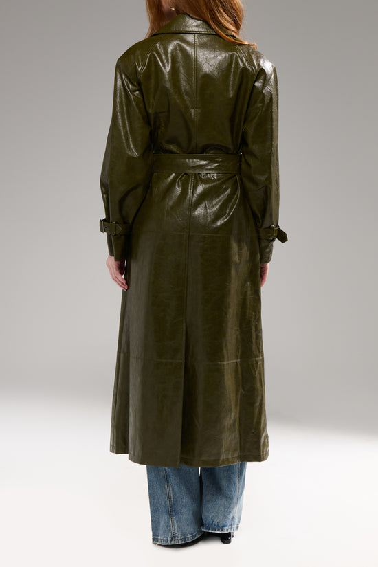 COREN-OLIVE LONG FAUX LEATHER TRENCH COAT