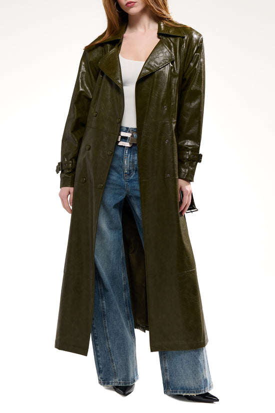 COREN-OLIVE LONG FAUX LEATHER TRENCH COAT