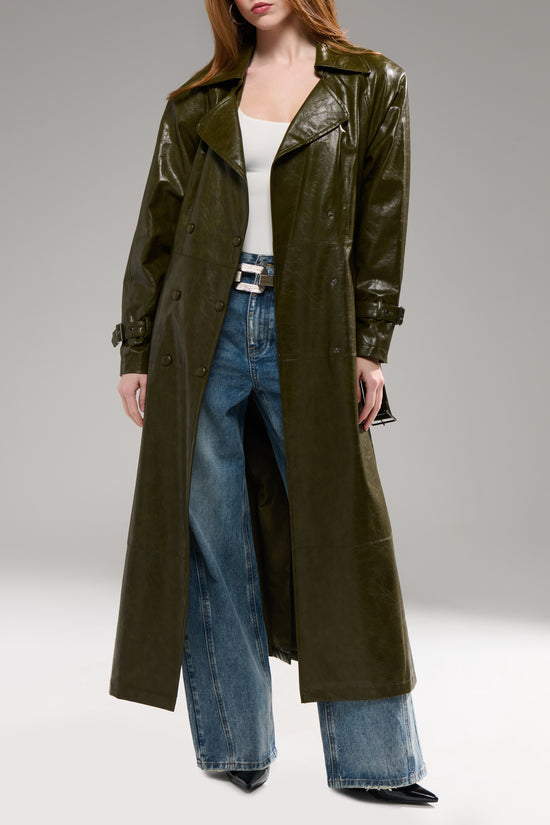 COREN-OLIVE LONG FAUX LEATHER TRENCH COAT
