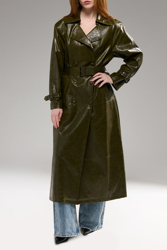 COREN-OLIVE LONG FAUX LEATHER TRENCH COAT