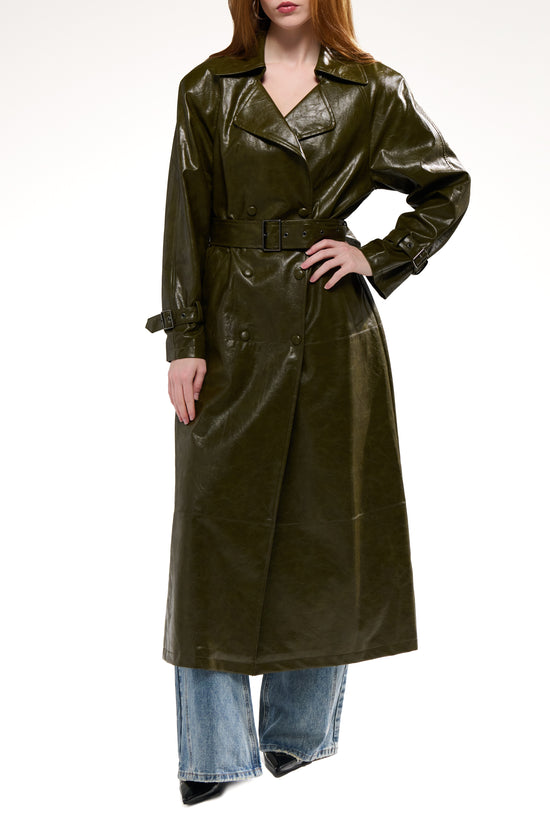 COREN-OLIVE LONG FAUX LEATHER TRENCH COAT