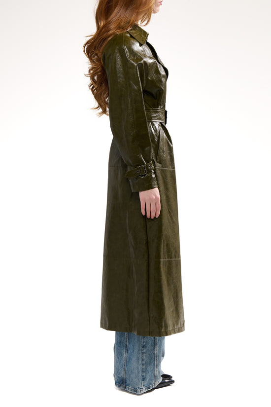 COREN-OLIVE LONG FAUX LEATHER TRENCH COAT