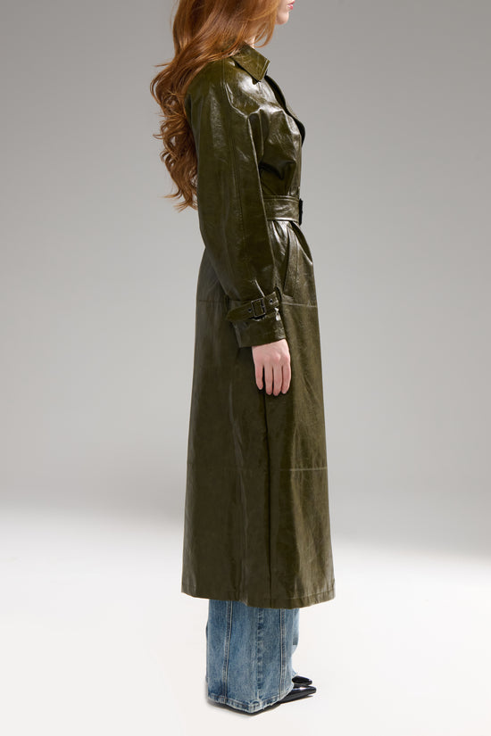 COREN-OLIVE LONG FAUX LEATHER TRENCH COAT