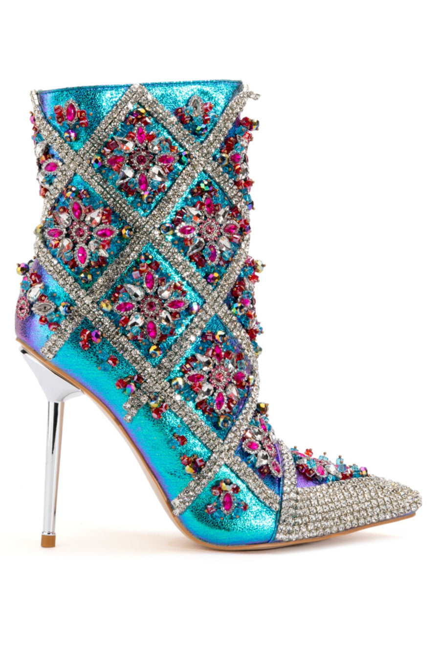 metallic blue pointed toe heeled boot with pink rhinestone flower detail