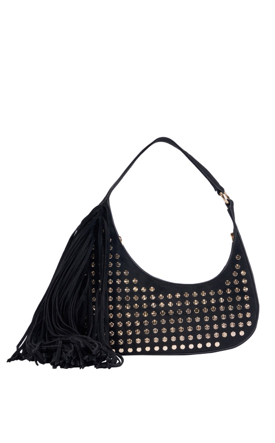 DEANNA-BLACK STUDDED FRINGE ASYMMETRICAL SHOULDER BAG
