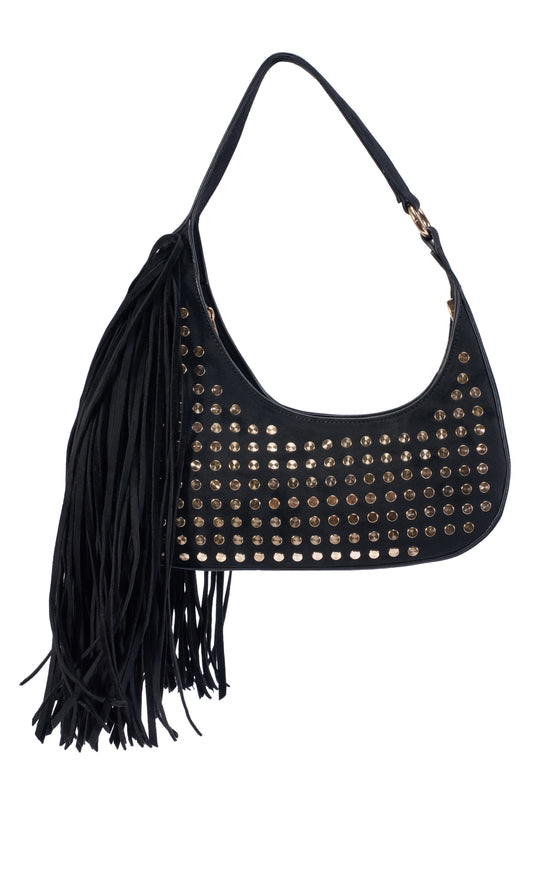 DEANNA-BLACK STUDDED FRINGE ASYMMETRICAL SHOULDER BAG