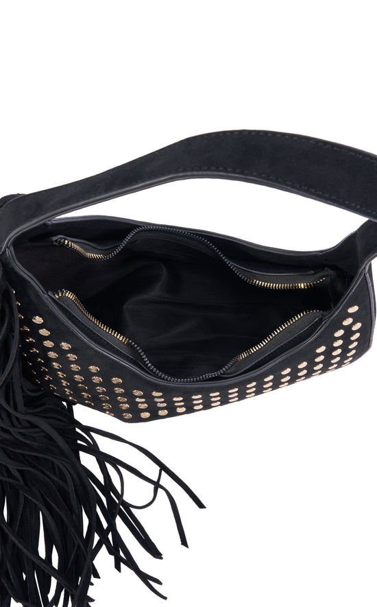 DEANNA-BLACK STUDDED FRINGE ASYMMETRICAL SHOULDER BAG