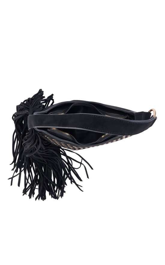 DEANNA-BLACK STUDDED FRINGE ASYMMETRICAL SHOULDER BAG