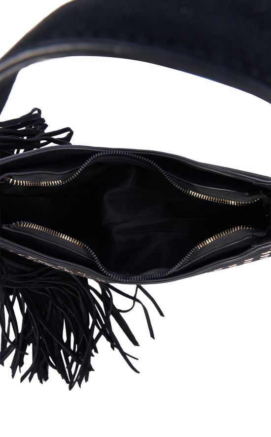 DEANNA-BLACK STUDDED FRINGE ASYMMETRICAL SHOULDER BAG