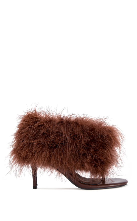 DELPHINA-CHOCOLATE FAUX FUR STILETTO SANDAL