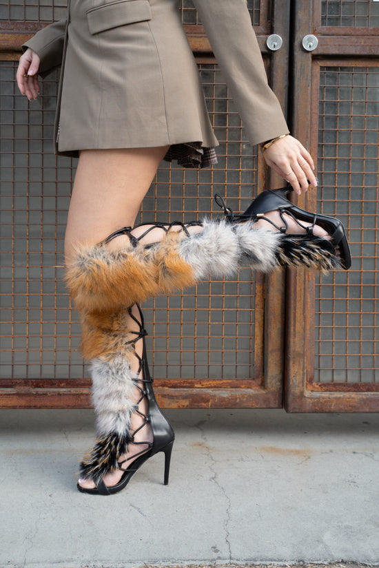 STAMOS-BROWN FAUX FUR GLADIATOR SANDAL BOOT