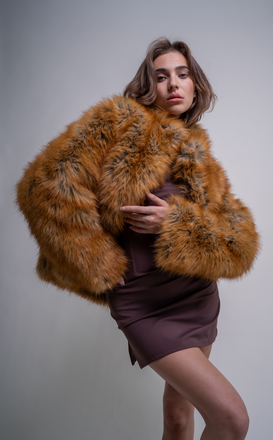 PANDIFOX-TAN FAUX FOX FUR JACKET