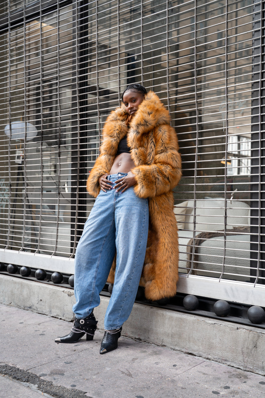 ELIZABETH-TAN FAUX FOX FUR COAT