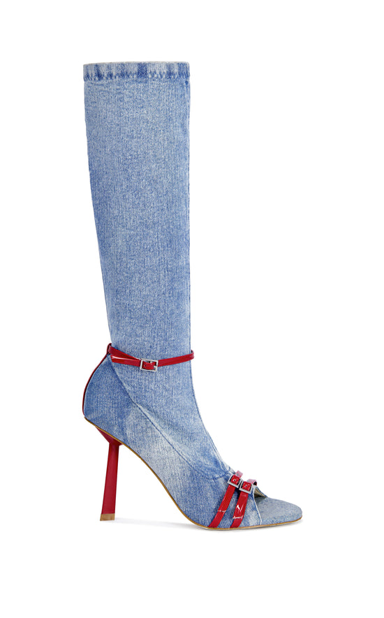 EMRA-DENIM SPORTY PEEP-TOE STILETTO BOOT